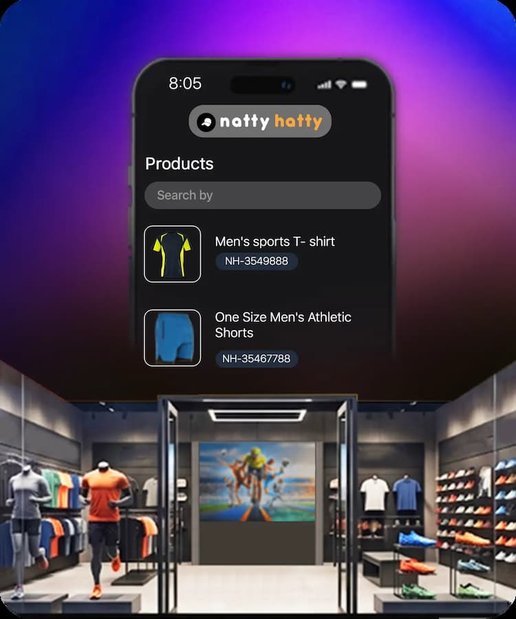 All-in-one sports storefront interface with digital product cards for athletic gear, search functionality, and facility retail management tools.