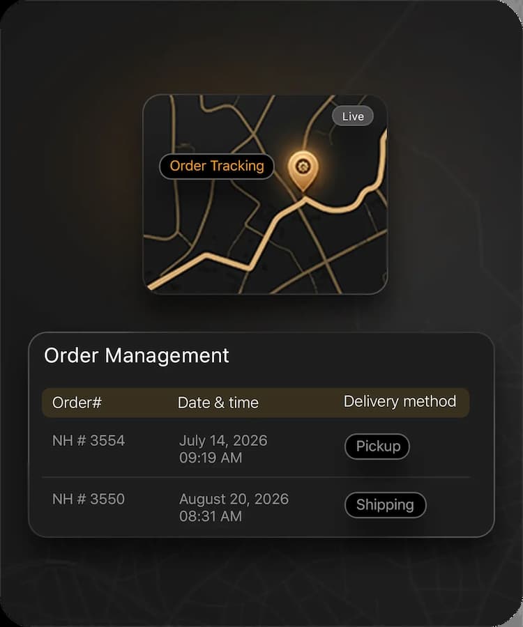 All-in-one order management platform with a live tracking map, fulfillment status indicators, and organized shipping and pickup logs.