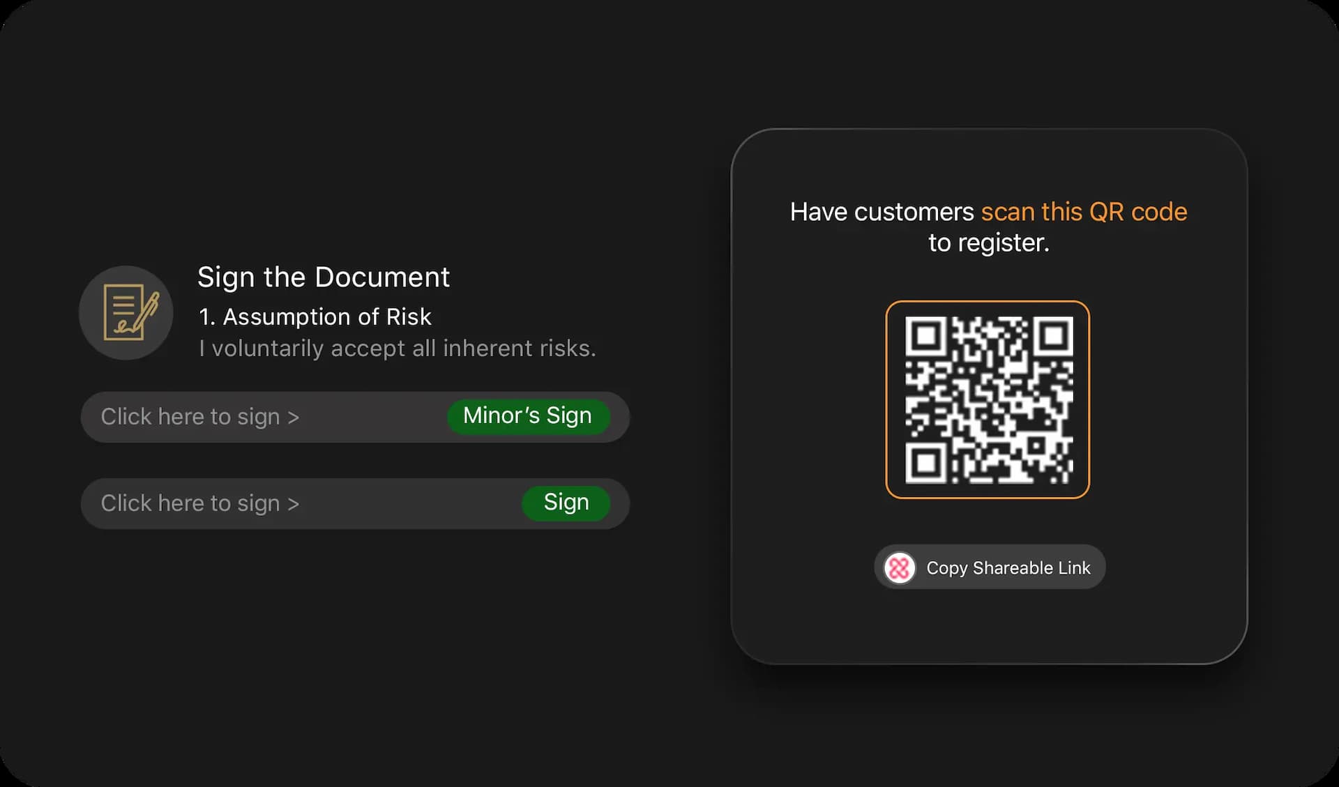 Digital waiver software for sports facilities and clubs with secure QR code registration, electronic signature capture, and minor consent forms.