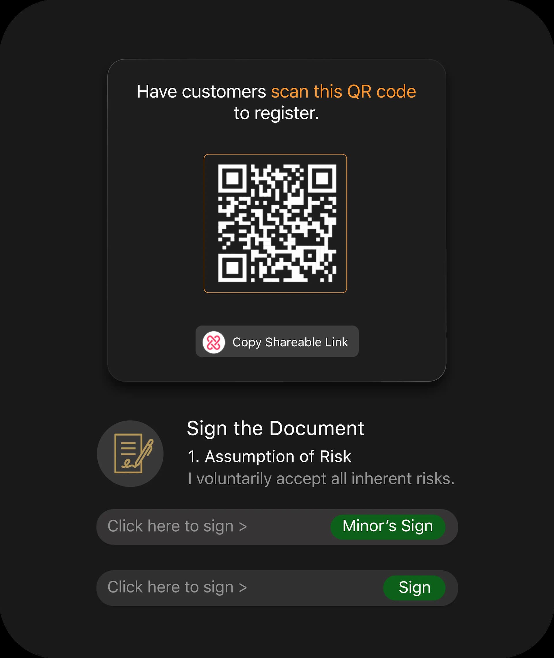 Digital waiver software for sports facilities and clubs with secure QR code registration, electronic signature capture, and minor consent forms.