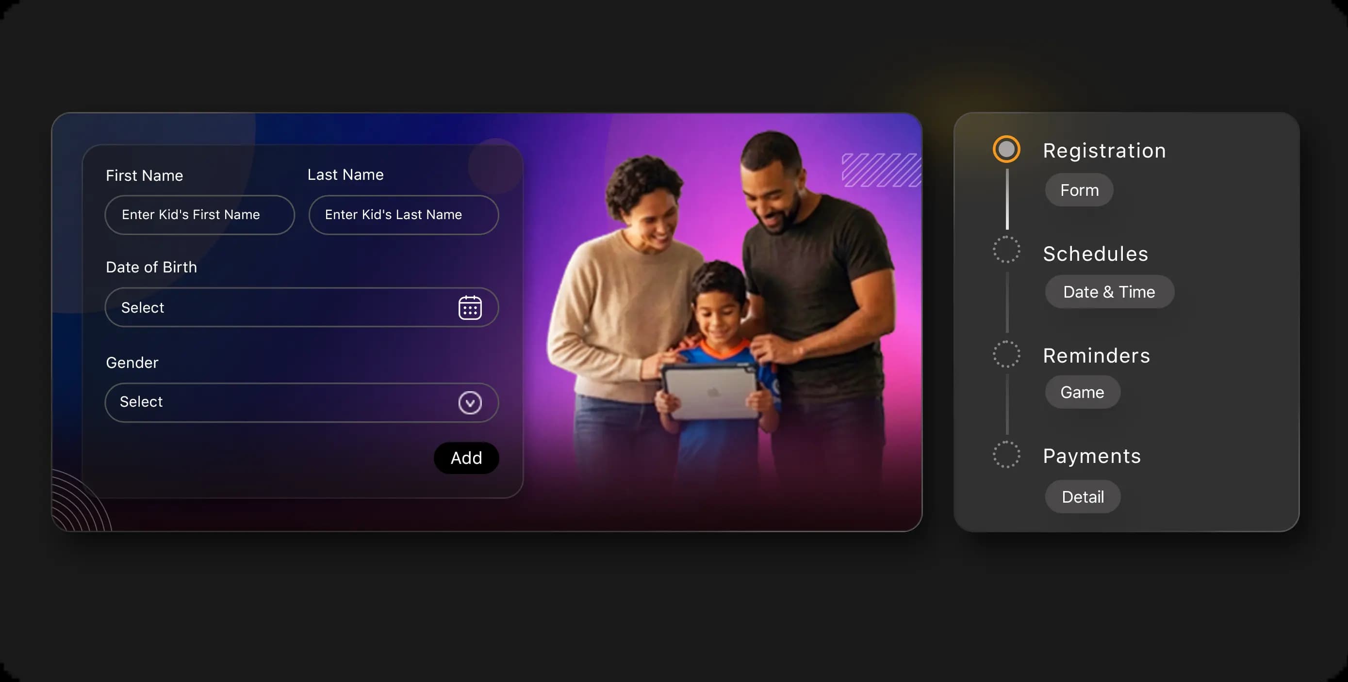 Family sports registration software interface for adding kids and managing schedules and payments