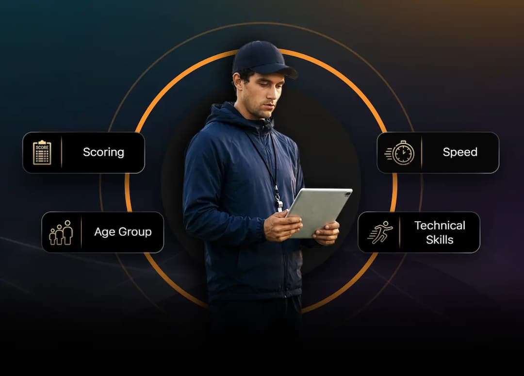 Tryout evaluation software giving coaches real-time assessment tools for scoring player agility, teamwork, and skill drills.
