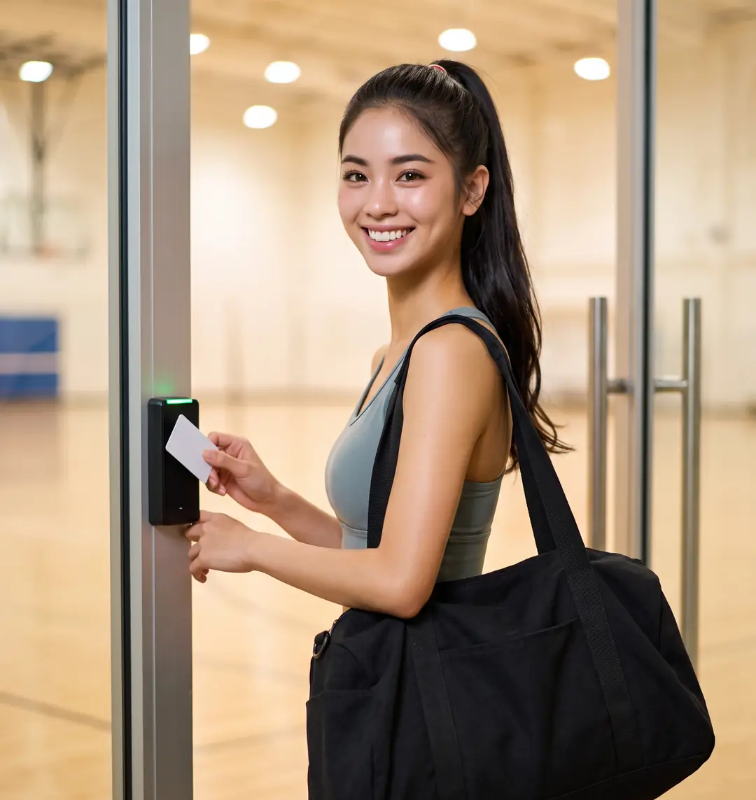 Player tapping an access card to open the court she booked