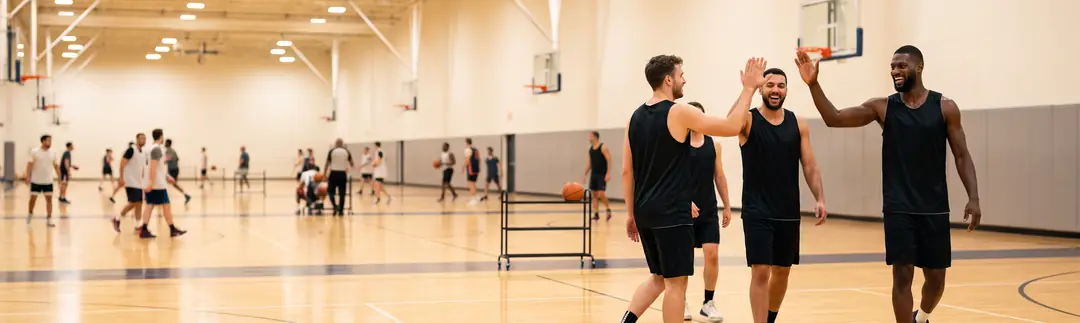 Adult league players high-fiving on a booked court during league night