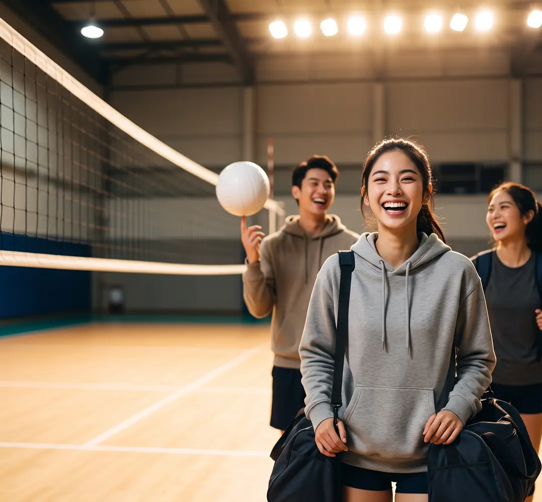 Friends arriving at an open indoor volleyball court booked at the last minute