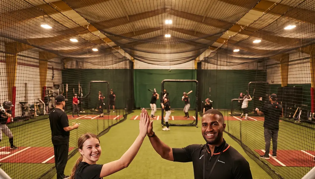 Hitting coach high-fiving a young softball player in a batting cage