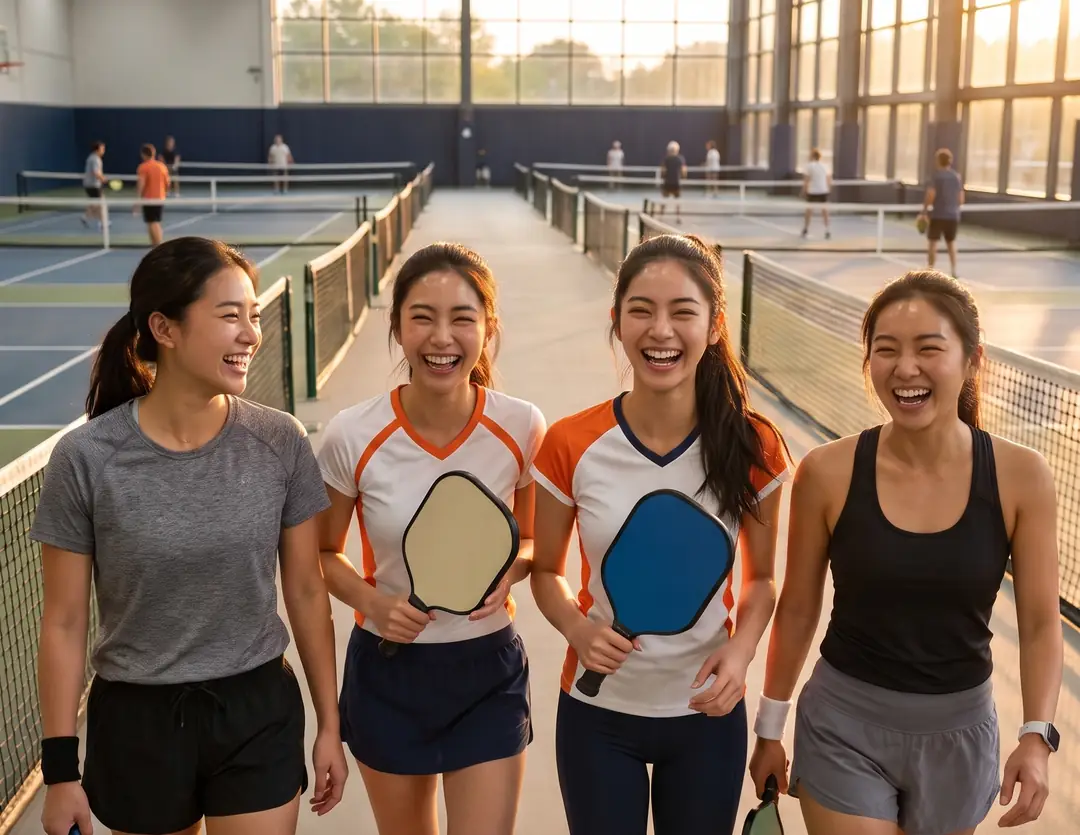 Four friends walking onto an indoor pickleball court with paddles