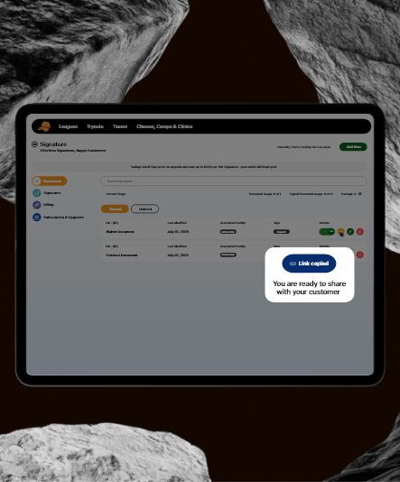 Natty Hatty Signature dashboard showing registration and waiver software workflow