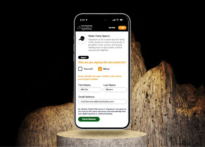 Natty Hatty Signature mobile interface showing a parent filling a minor’s form during mobile waiver signing.