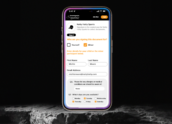 Natty Hatty Signature mobile interface for online waiver for sports clubs