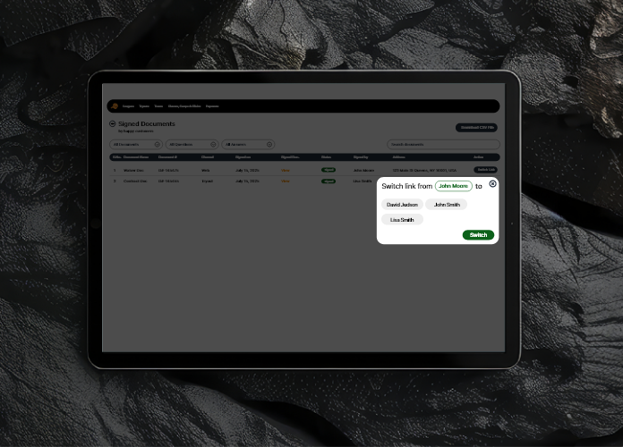 Natty Hatty Signature admin dashboard linking an old signature to the correct user in the online waiver system.