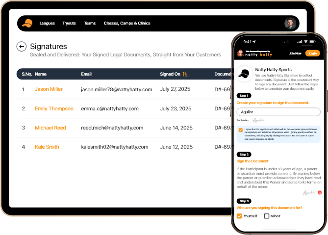 Natty Hatty Signature top banner showing electronic signature software for sports organizations