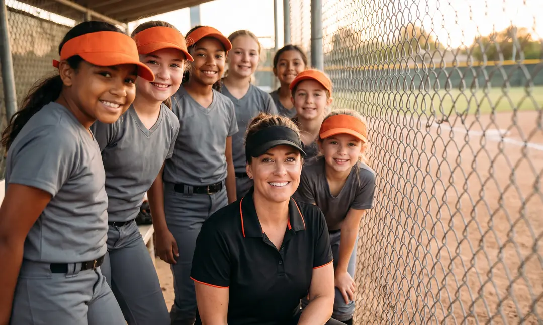 Girls' 12U softball club team gathered at the dugout with their head coach