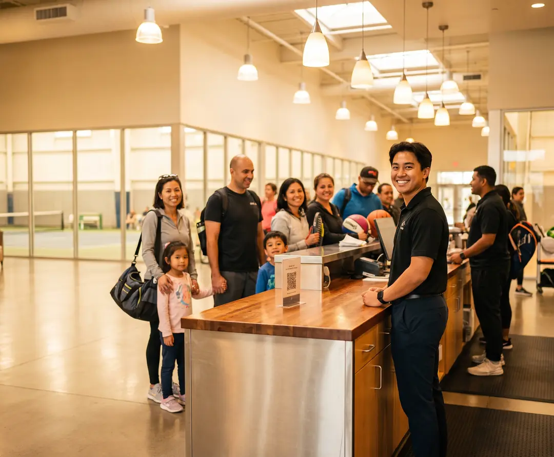 Front-desk staff member welcoming families at a sports facility check-in desk