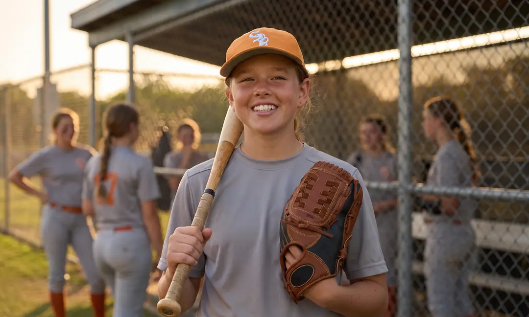 Youth softball player by the dugout with her glove and bat