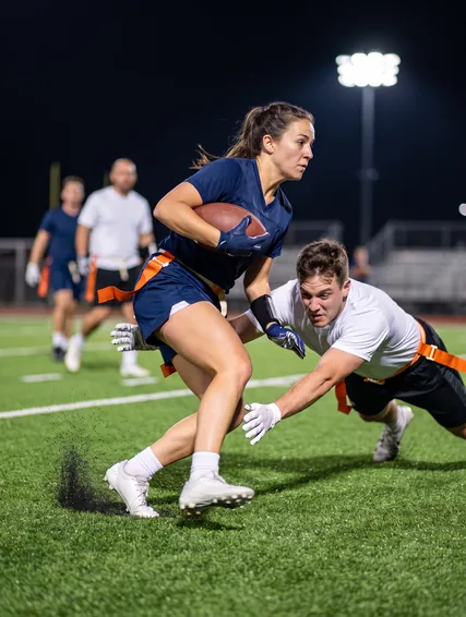Adult league flag football runner cutting past a diving defender
