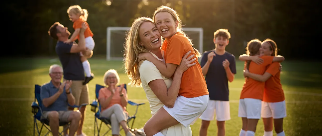 A girl leaps into her mother's arms after a youth soccer game while other families celebrate