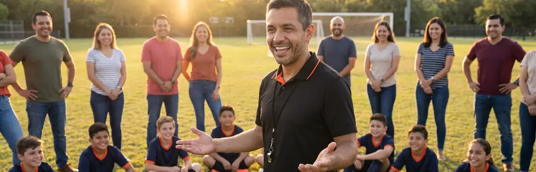 Coach talking to players and parents after a youth soccer game