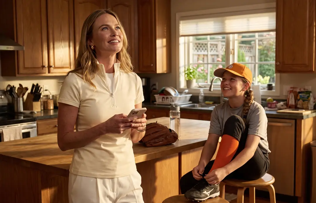 Mom paying youth softball team fees on her phone in the kitchen
