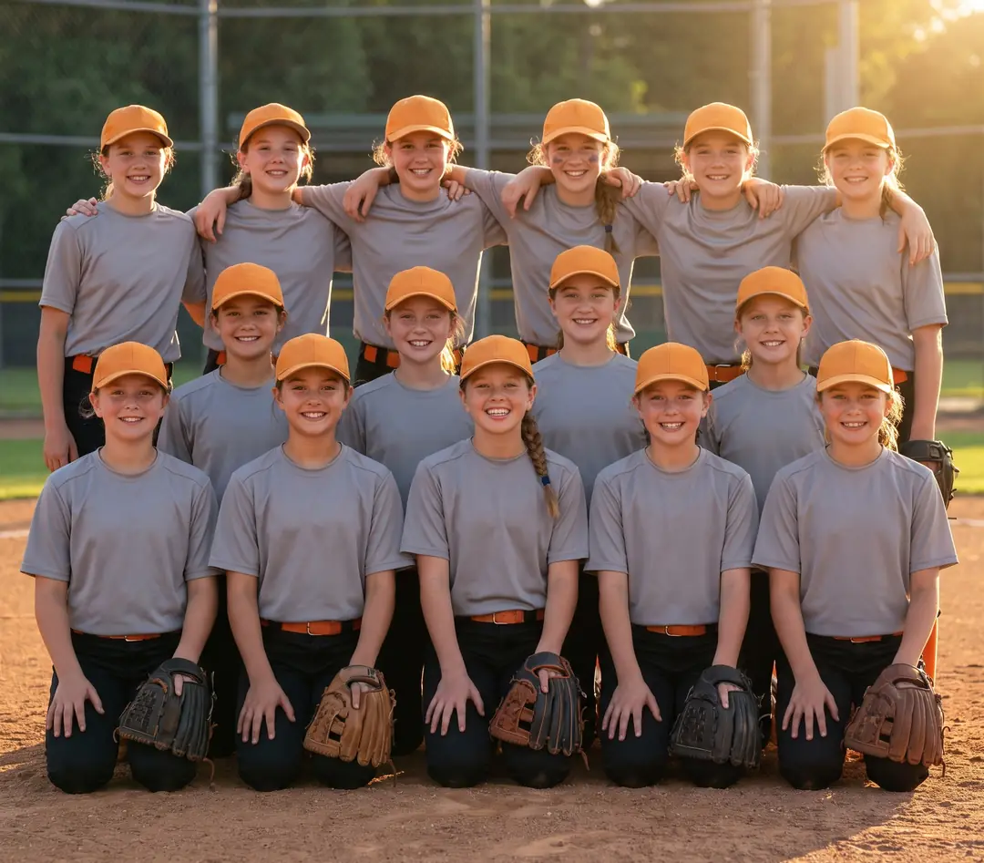 Full youth softball roster posing for a team photo in new jerseys