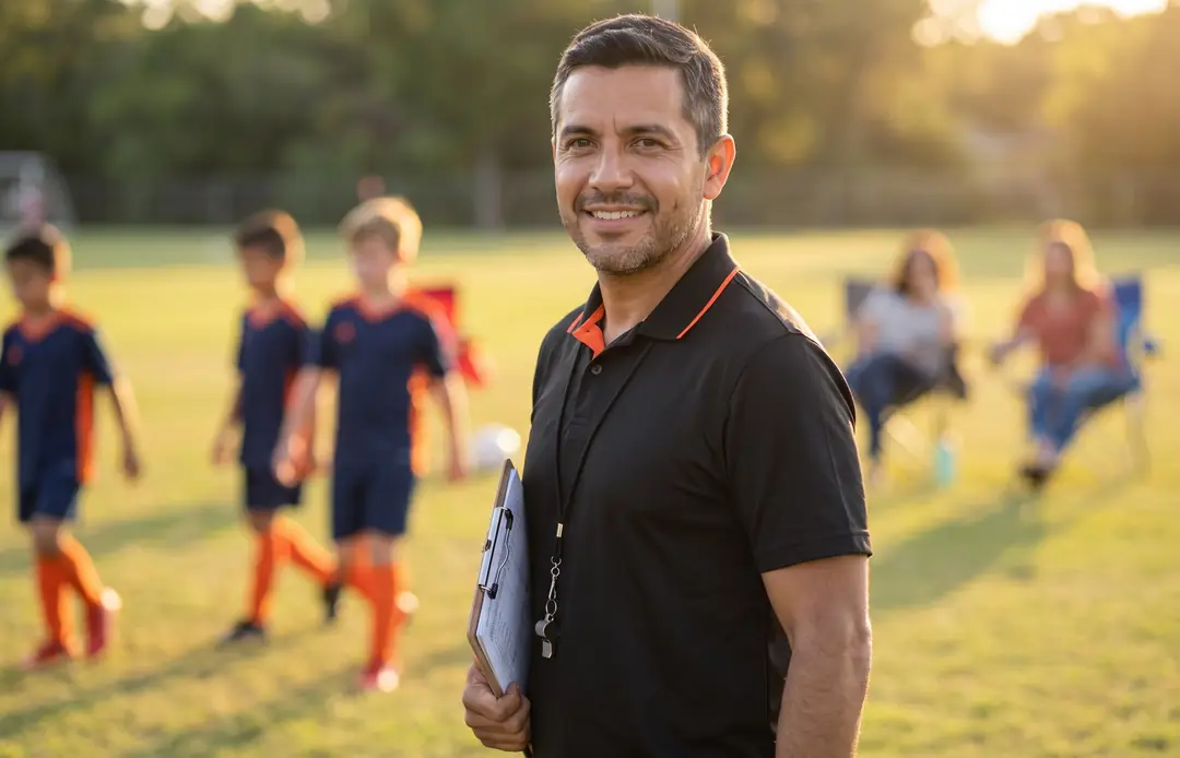 Youth soccer head coach with his clipboard on the sideline