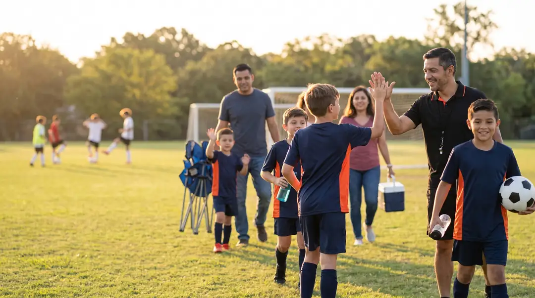 Youth soccer coach high-fiving players as families arrive for game day