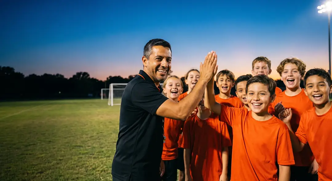 Coach high-fiving a player as his newly formed youth soccer team cheers