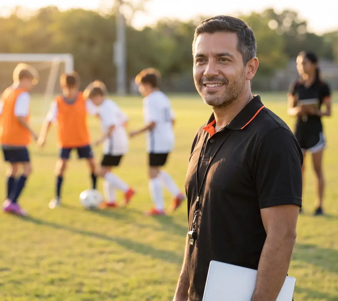 Youth soccer coach at a tryout on a turf field while players run a drill behind him
